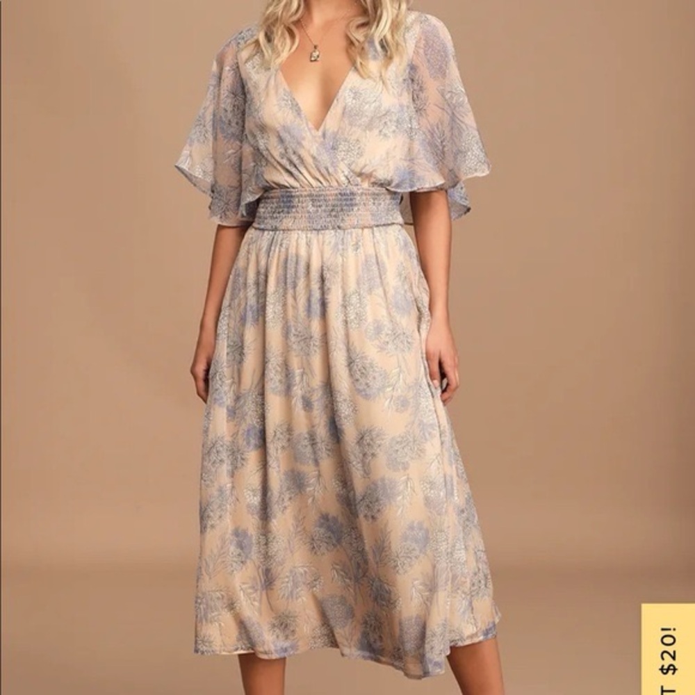 Lulu’s Subtle Romance Beige Floral Print Ruffled Midi Dress